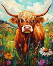 Charger l'image dans la galerie, Diamond Painting - Broderie Diamant - Portrait de vache Highland et fleurs sauvages
