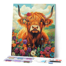 Charger l'image dans la galerie, Broderie Diamant - Portrait de vache Highland fleurs