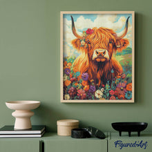 Charger l'image dans la galerie, Broderie Diamant - Portrait de vache Highland fleurs