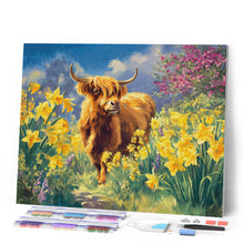 Charger l'image dans la galerie, Broderie Diamant - Vache Highland et jonquilles