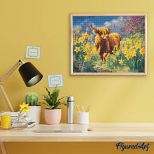Charger l'image dans la galerie, Broderie Diamant - Vache Highland et jonquilles