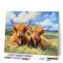 Charger l'image dans la galerie, Broderie Diamant - Vache Highland et champ doré