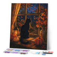 Charger l'image dans la galerie, Diamond Painting - Chat Noir à la Fenêtre et Citrouilles