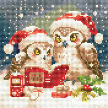 Charger l&#39;image dans la galerie, Mini Diamond Painting 25x25cm - Chouettes Père Noël Lisant