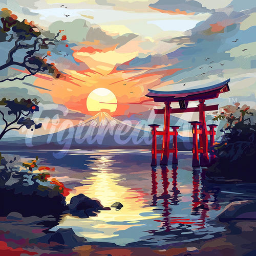 Mini Diamond Painting 25x25cm - Broderie Diamant Porte Torii au coucher du soleil