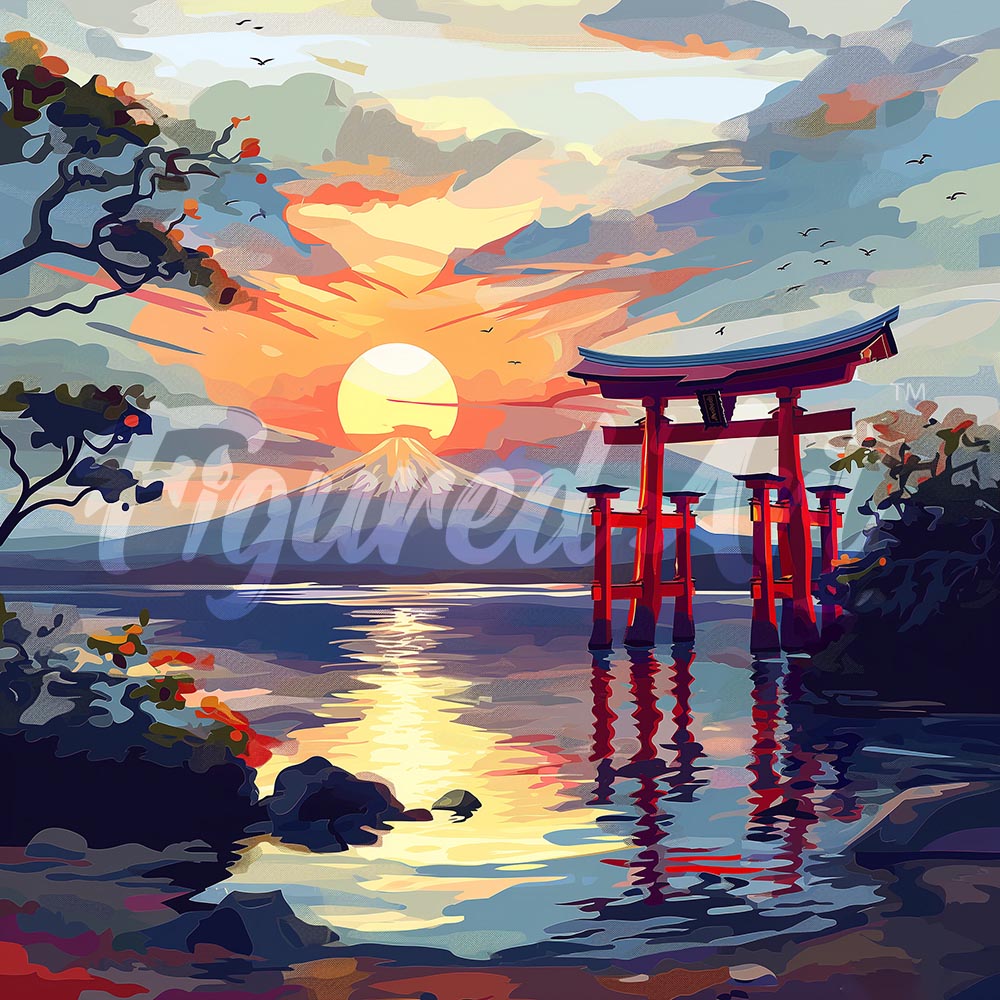 Mini Diamond Painting 25x25cm - Broderie Diamant Porte Torii au coucher du soleil