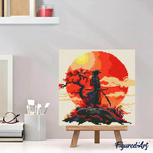 Mini Diamond Painting 25x25cm - Samourai au coucher du soleil