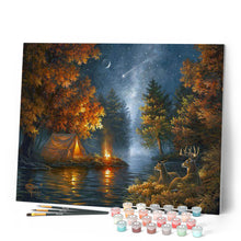 Charger l'image dans la galerie, Peinture par numéros Camping sous une nuit étoilée | Figured'Art intermédiaire animaux rennes et biches nouveautés