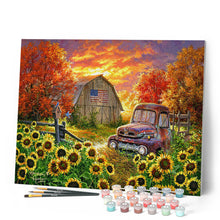 Charger l'image dans la galerie, Peinture par numéros Tournesols devant la grange | Figured'Art complexe paysages fleurs nouveautés