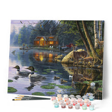 Charger l'image dans la galerie, Peinture par numéros Chalet au bord du Lac | Figured'Art intermédiaire animaux oiseaux canards nouveautés