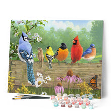 Charger l'image dans la galerie, Peinture par numéros Oiseaux sur la barrière | Figured'Art intermédiaire animaux oiseaux nouveautés