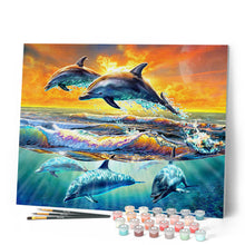 Charger l'image dans la galerie, Peinture par numéros Aube de Dauphins | Figured'Art intermédiaire nouveautés animaux poissons dauphins paysages