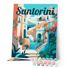 Charger l'image dans la galerie, Affiche de voyage Santorin en fleurs