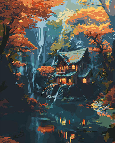 Peinture par numéros Figured'Art Cabane près de la cascade en Automne