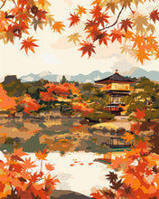 Charger l&#39;image dans la galerie, Peinture par numéros Figured&#39;Art Temple japonais au bord du Lac en Automne