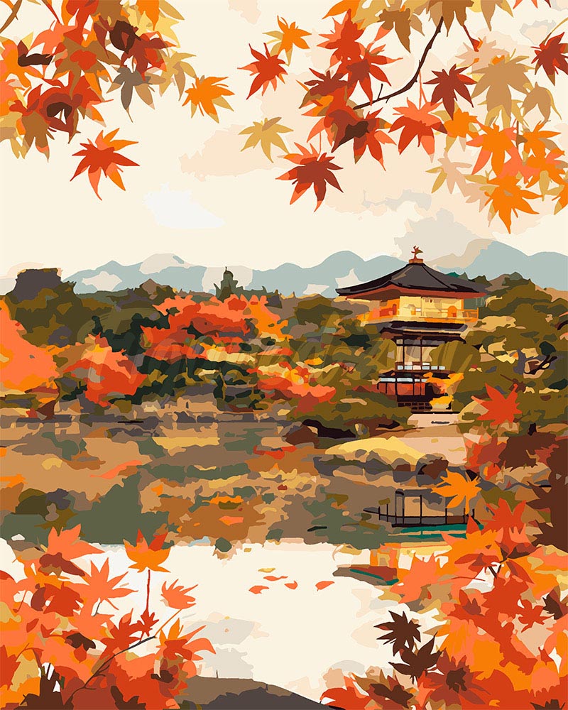 Peinture par numéros Figured'Art Temple japonais au bord du Lac en Automne