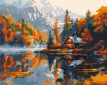 Charger l&#39;image dans la galerie, Peinture par numéros Figured&#39;Art Cabane au bord du Lac en Automne