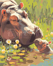 Charger l&#39;image dans la galerie, Peinture par numéros Figured&#39;Art Bébé Hippopotame embrassant sa Maman