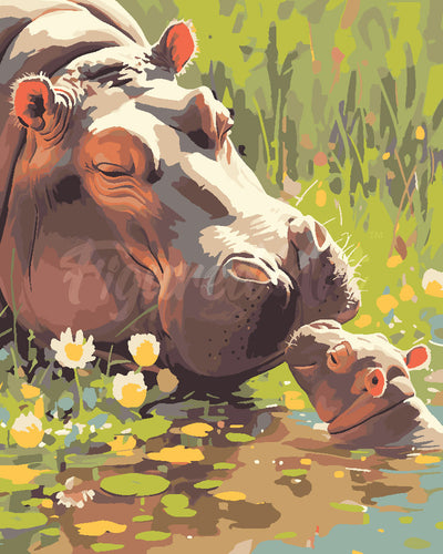 Peinture par numéros Figured'Art Bébé Hippopotame embrassant sa Maman