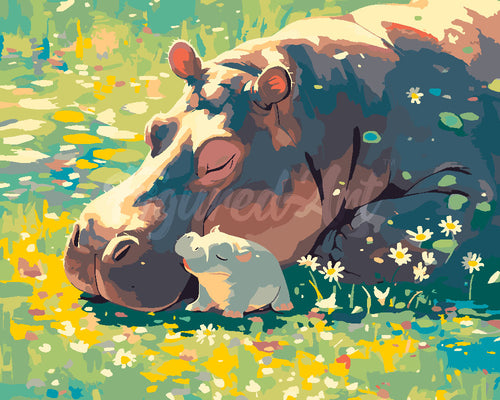 Peinture par numéros Figured'Art Bébé Hippopotame et sa Maman