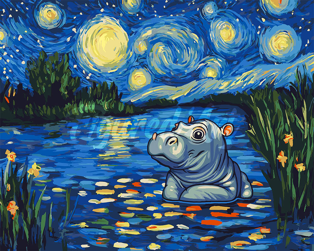 Peinture par numéros Figured'Art Hippopotame dans la Nuit Étoilée