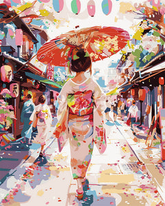 Peinture par numéros Figured'Art Femme en Yukata dans une Rue animée