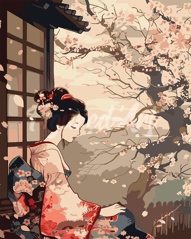 Peinture par numéros Figured'Art Femme en Kimono Vintage et Cerisiers en Fleurs