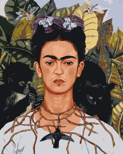 Peinture par numéros Figured'Art Frida - Autoportrait au collier d'épines et colibri