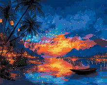 Charger l&#39;image dans la galerie, Peinture par numéros Figured&#39;Art Coucher de soleil sur la plage et lanternes