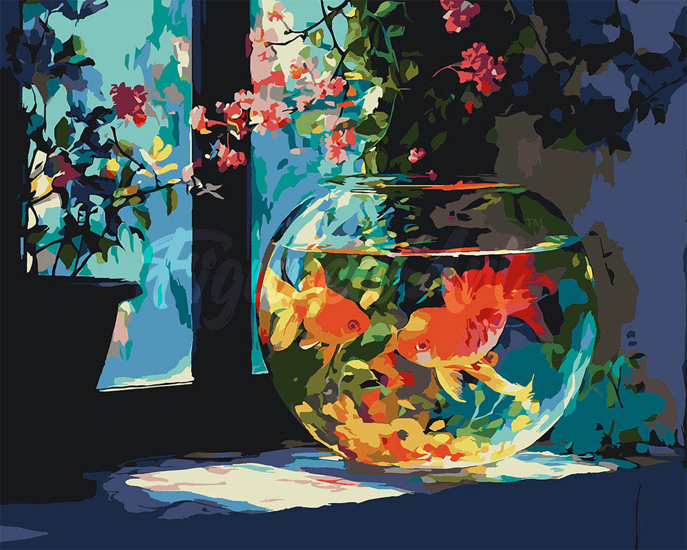 Peinture par numéros Figured'Art Bocal à poissons ensoleillé