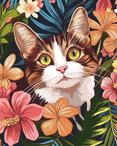 Peinture par numéros Figured'Art Chat avec fleurs tropicales