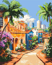Charger l&#39;image dans la galerie, Peinture par numéros Figured&#39;Art Ville tropicale à flanc de colline