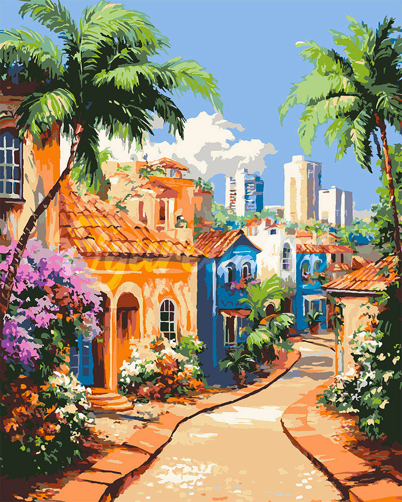 Peinture par numéros Figured'Art Ville tropicale à flanc de colline