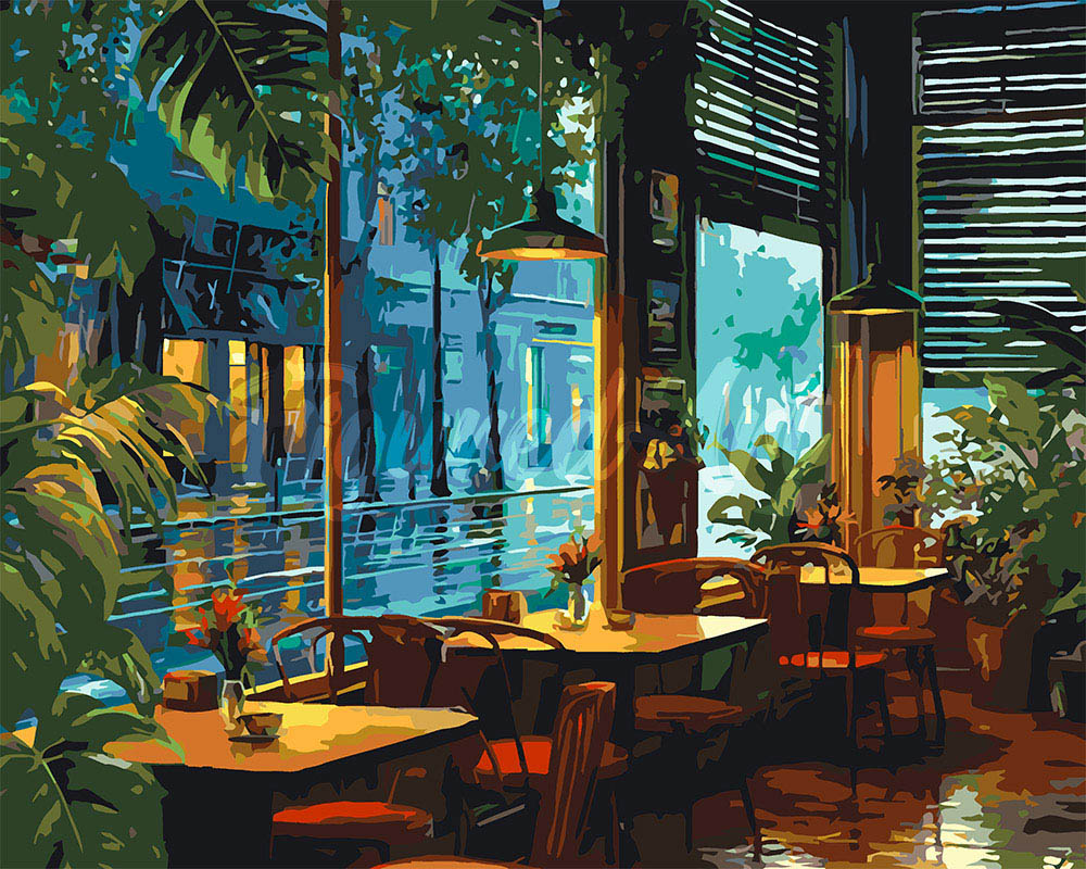 Peinture par numéros Figured'Art Café par une Journée pluvieuse