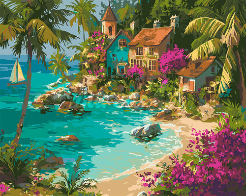 Peinture par numéros Figured'Art Village Tropical en Bord de Mer