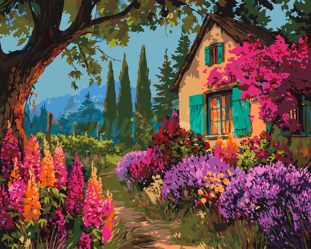 Peinture par numéros Figured'Art Jardin et Façade Fleurie