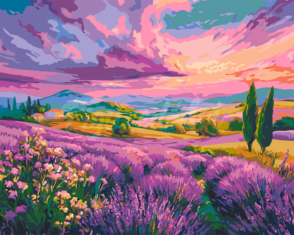 Peinture par numéros Figured'Art Collines de Lavande au Coucher du Soleil