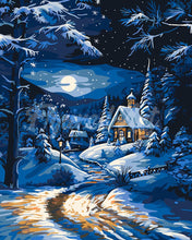 Charger l&#39;image dans la galerie, Peinture par numéros Figured&#39;Art Cottage d&#39;Hiver au Clair de Lune