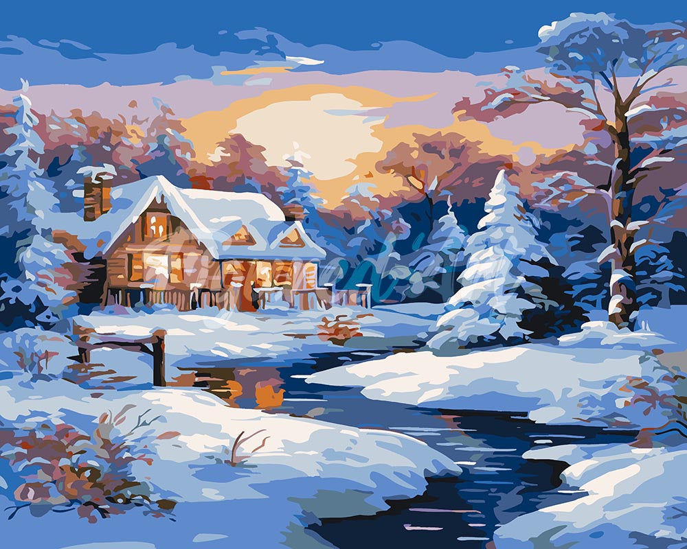 Peinture par numéros Figured'Art Cabane d'Hiver au Coucher du Soleil