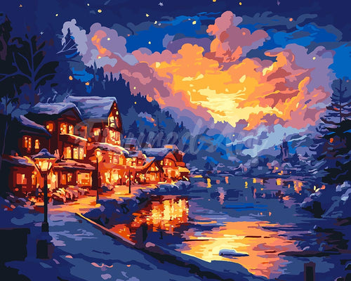 Peinture par numéros Figured'Art Village au Bord du Lac Illuminé