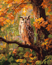Charger l&#39;image dans la galerie, Peinture par numéros Figured&#39;Art Hibou parmi les feuilles dorées