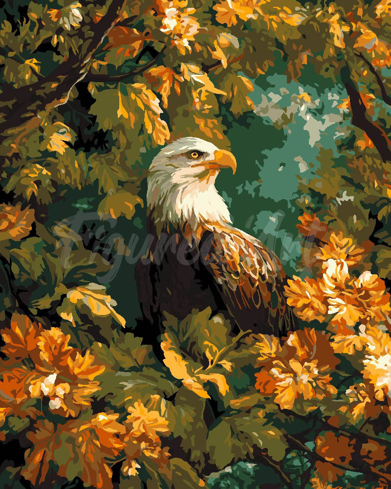 Peinture par numéros Figured'Art Aigle parmi les feuilles dorées