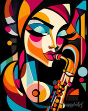 Charger l'image dans la galerie, Peinture par numéros Figured'Art Femme au Saxo Abstraite Éclatante