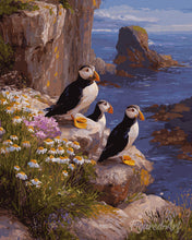 Charger l'image dans la galerie, Peinture par numéros Figured'Art Macareux et falaises au coucher du soleil