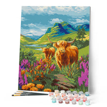 Charger l'image dans la galerie, Vache Highland et collines en fleurs