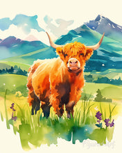 Charger l'image dans la galerie, Peinture par numéros Figured'Art Vache Highland et vallée pastel