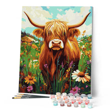 Charger l'image dans la galerie, Portrait de vache Highland et fleurs sauvages