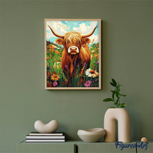 Charger l'image dans la galerie, Portrait de vache Highland et fleurs sauvages