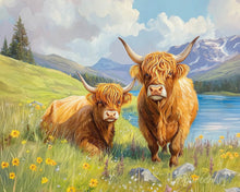 Charger l'image dans la galerie, Peinture par numéros Figured'Art Famille de vaches Highland au lac