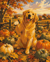 Charger l'image dans la galerie, Peinture par numéros Figured'Art Golden Retriever dans un Champ de Citrouilles